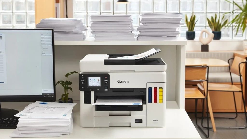 Tipos de impresoras de inyección de tinta: ¿Cuál es la mejor opción? Impresora Canon en una oficina mostrando sus niveles de toner